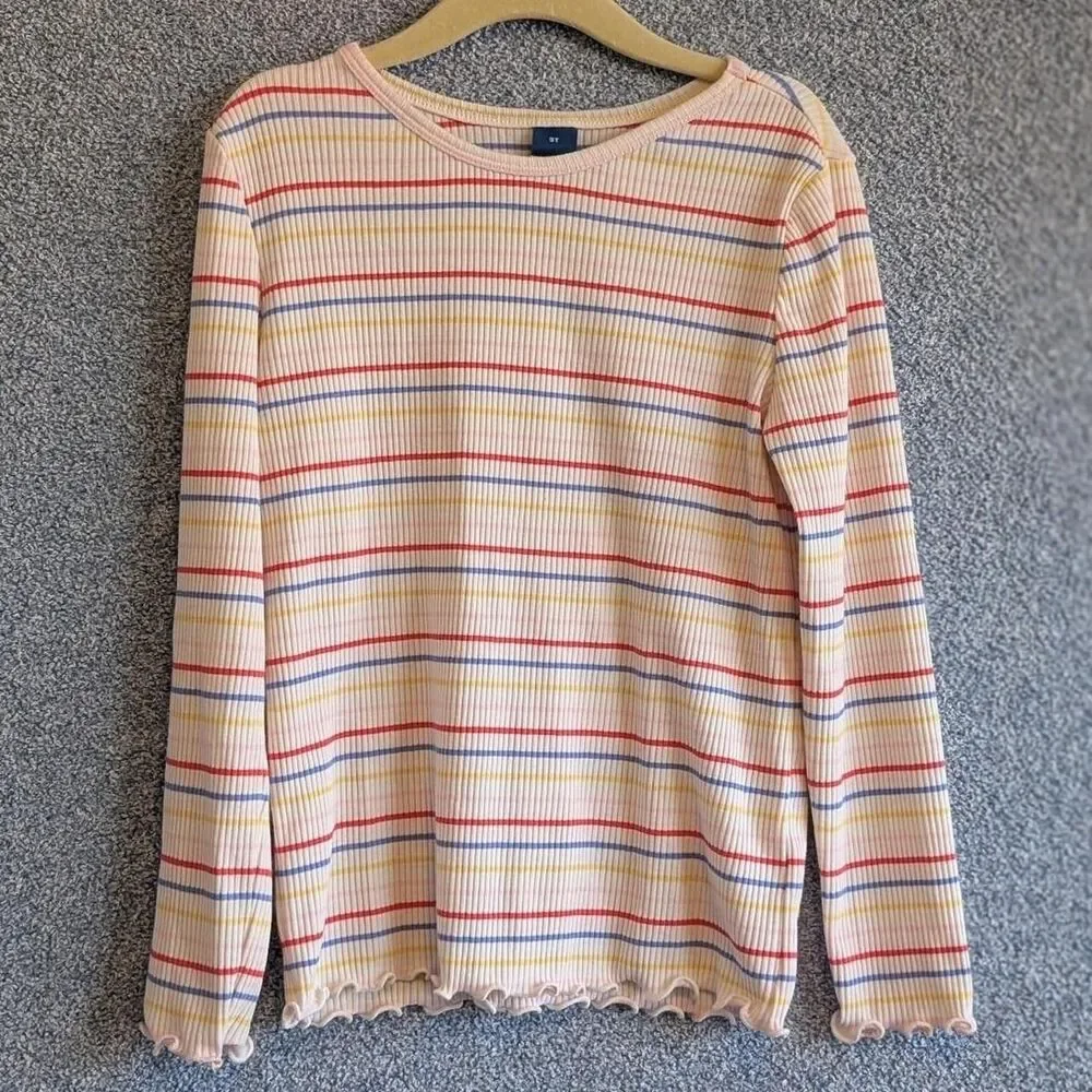 Old Navy Girls Size 5T Rainbow Striped Lettuce Hem Long Sleeve Shirt